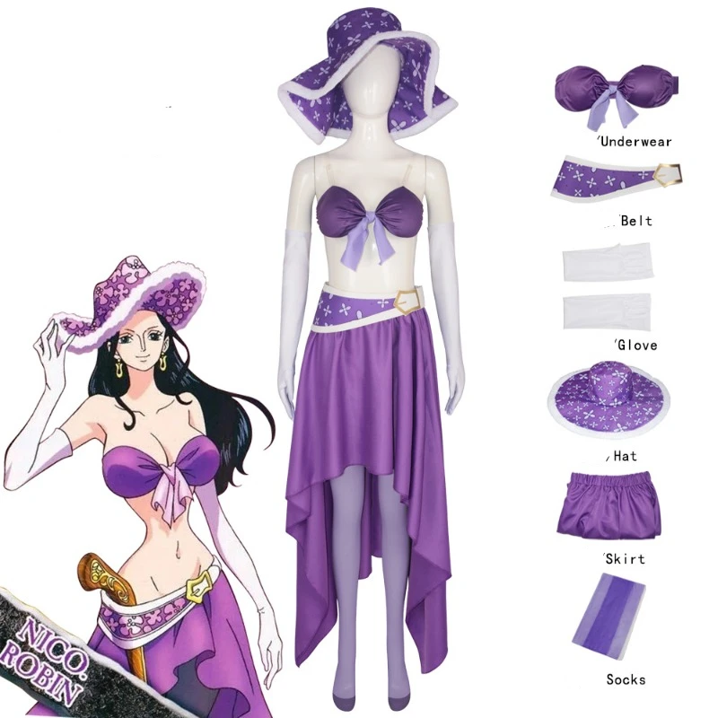 

Nico Robin Cosplay Costume One Anime Sexy Purple Dress Halloween Carnival Party Outfits JP Woman COS Suit Summer Full Set