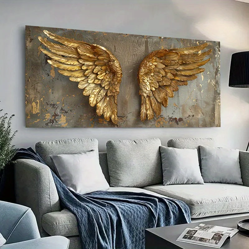 Modern Decor Large Frameless Canvas Art Golden Angel Wings Distressed Texture Elegant Wall Decor for Living Room and Bedroom view 3