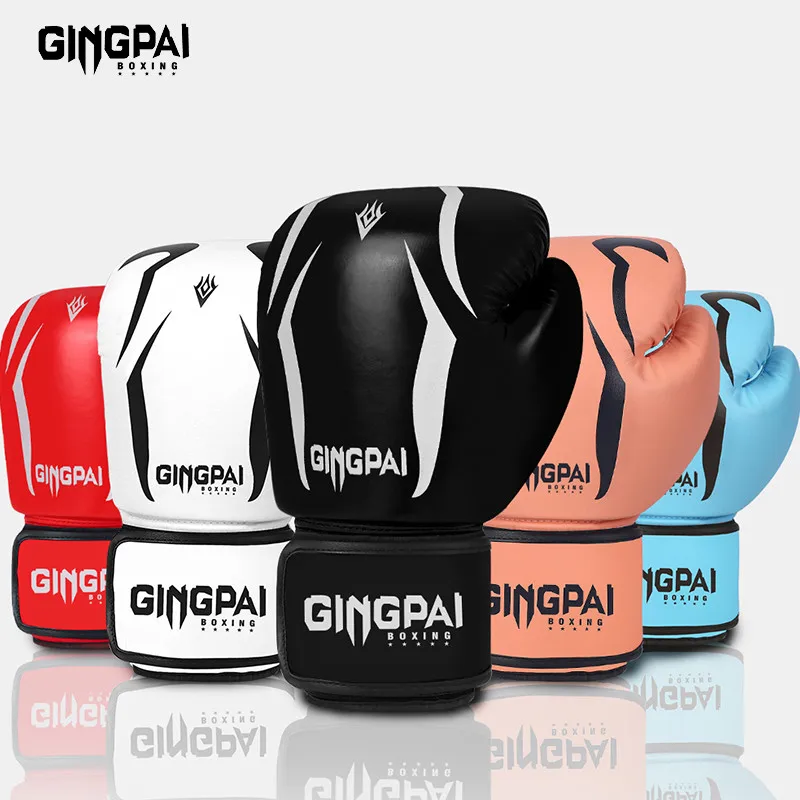 GINGPAI جودة عالية الكبار الطفل النساء/الرجال قفازات ملاكمة MMA الملاكمة التايلاندية Boxe De Luva Mitts Sanda معدات الصالة الرياضية 8 10 12 6 أوقية box