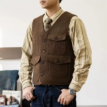 Red Tornado heritage style wool tweed vest outdoor men's multi pocket work waistcoat Red Tornado heritage style wool tweed vest outdoor men's multi pocket work waistcoat