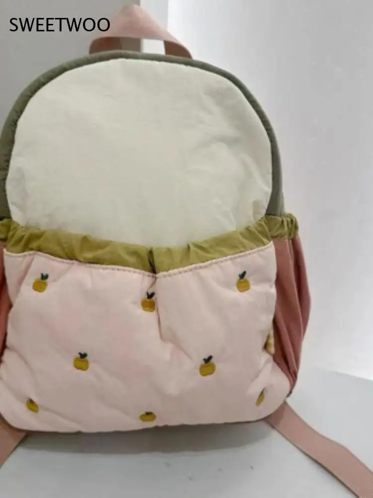 Sweet Contrast Color Puffer Backpack Little Fruit Embroidery Detail Ruffle Decor Soft Casual Backpack for Daily Use