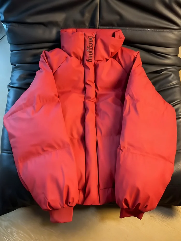 

Red Embroidered Men's down Jaet PU Leather Cotton Coat Thiened Winter Outerwear Casual Sle Zipper Closure Warmth