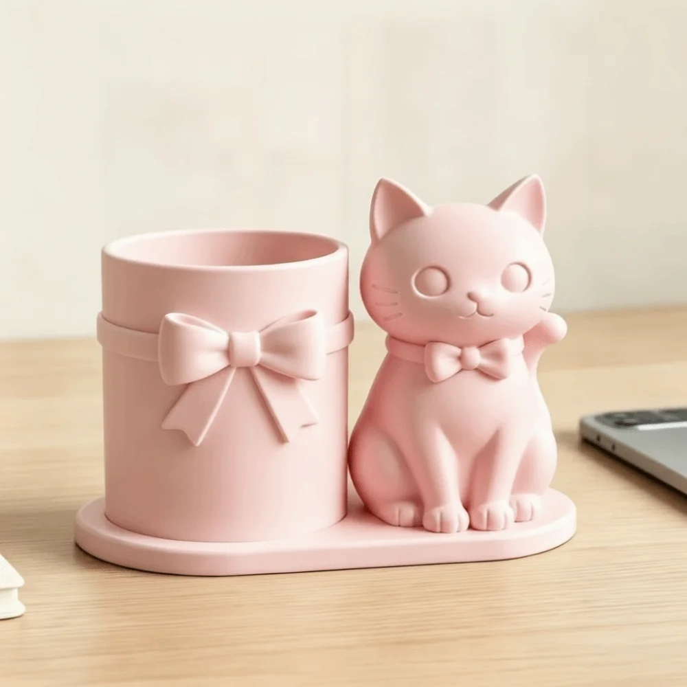 3D Printed Kitten-Shaped Pen Holder Plastic Decorations Creative Pen Stand Sturdy Unique Makeup Brush Storage Organizer