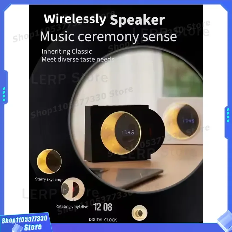 Retro Mini Portable Speaker 5W Wireless Bluetooth Audio Player with Moon Clock Ambient Light for Home Desktop Outdoor Decor