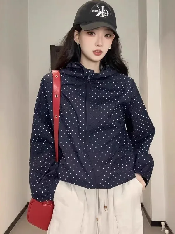 Bla com capuz Proteção solar Jaet Roupa feminina de viagem de verão para ciclismo ao ar livre Polka Dot Long Sve Blusão Sunscr...