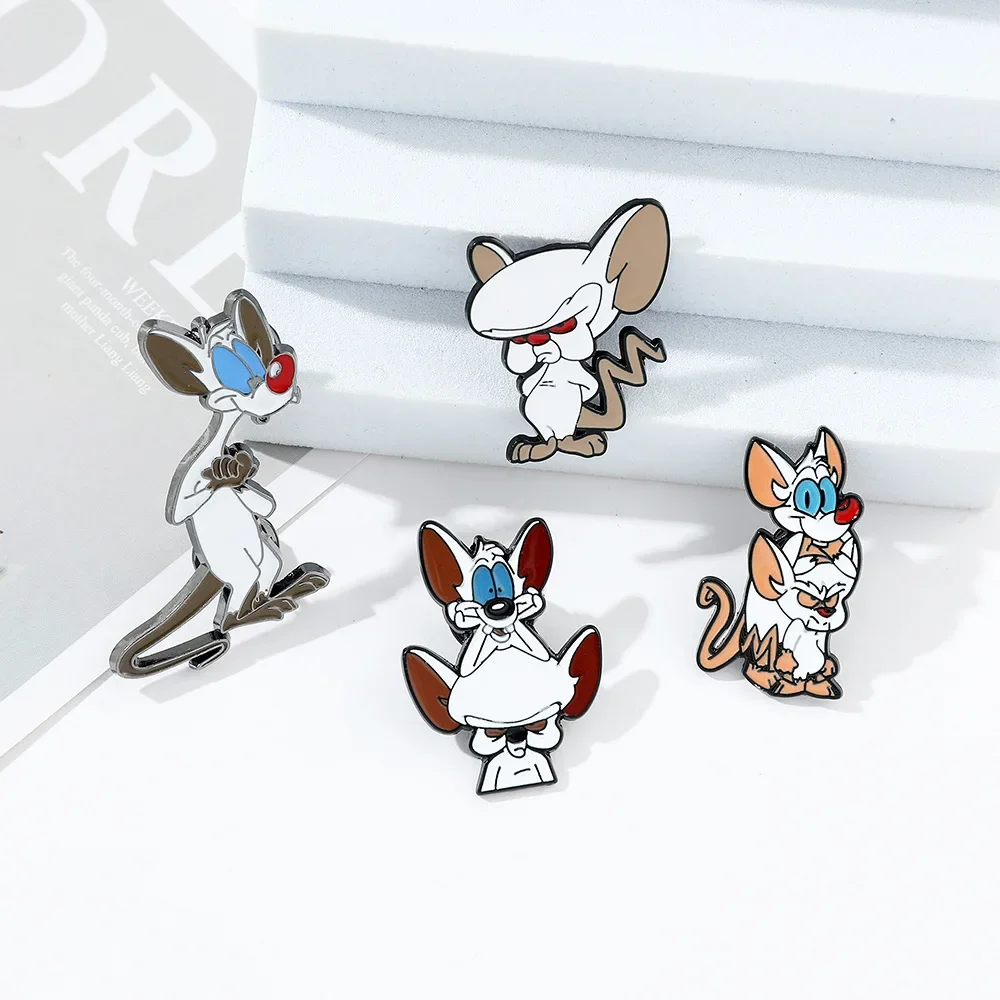 Cartoon Pinky and The Brain White Mouse Brooches Enamel Pins for Backpack Hat Scarf Christmas Gifts for Fans