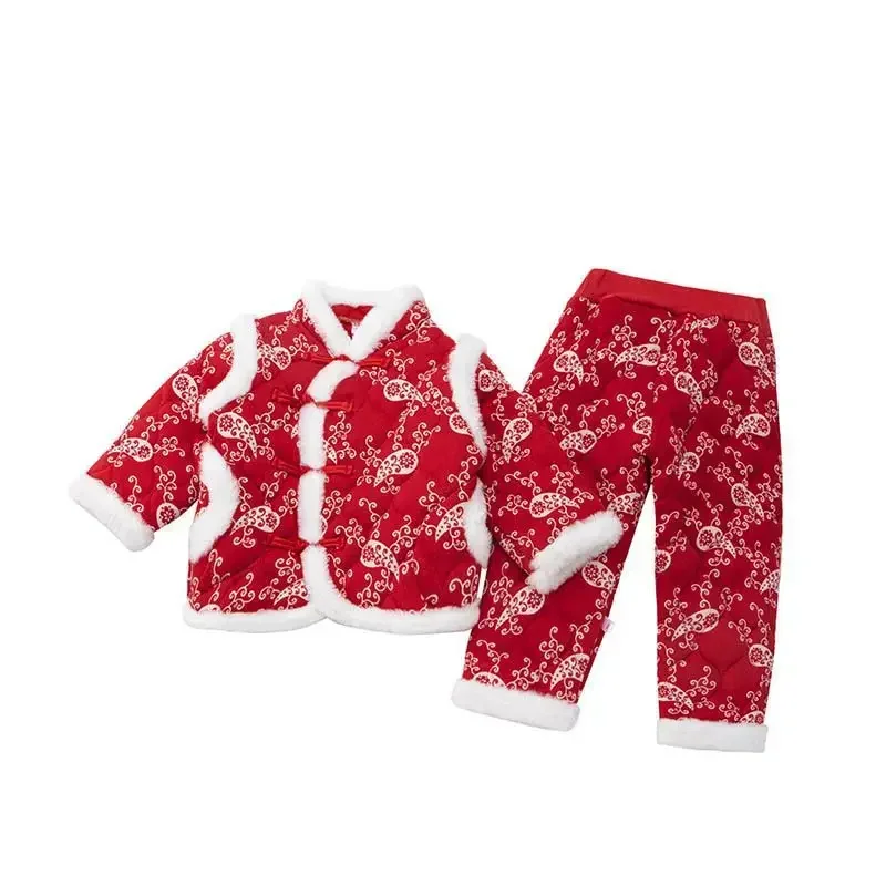 Warm Baby Coat Pants Set Traditional Chinese New Year Clothes for Kids Cute Thicken Girl Suit Costume Children Flower Boy Outfit
