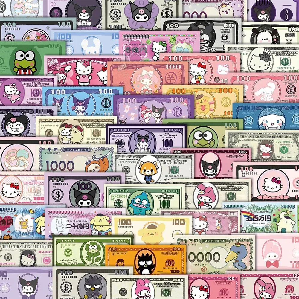 

10/30/50pcs Sanrio Paper Money Kawaii Kuromi Hello Kitty Cartoon Stickers Anime Aesthetic DIY Stationery Laptop Cute Kid Sticker