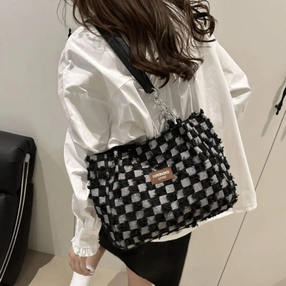 

Casual Vintage Denim Shoulder Bags Beggar Style Jeans Women's Tote Bag Versatile Plaid Commuting Bags Female