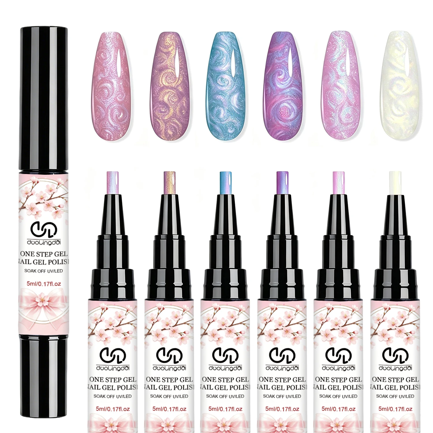 Nail Art Set -6 Colors Shell Color One Step Gel Nail Polish Pen, Iridescent Mermaid Swirl Effect, 3-in-1 No Base &Top Coat Neede