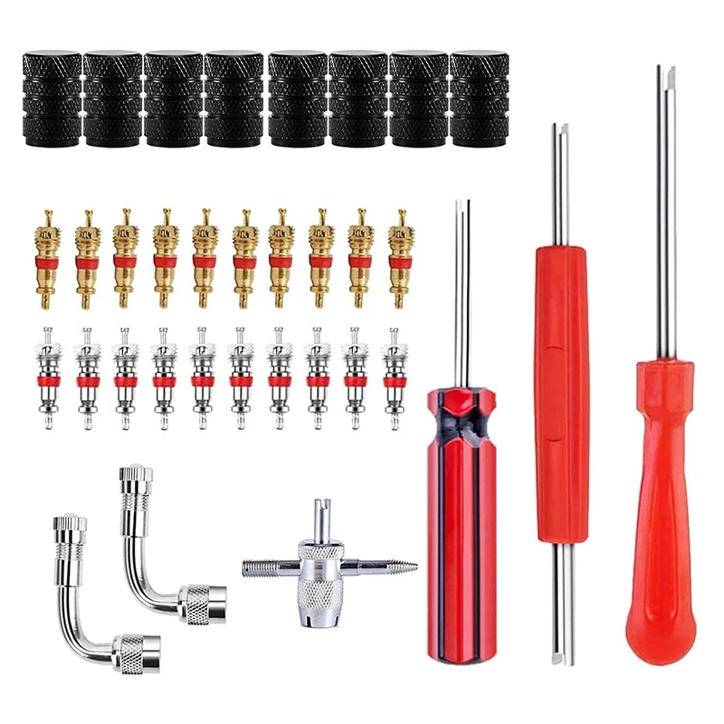 

Valve Core Tool Set-Valve Cores,Tire Valve Caps,Dual Single Head Valve Core Remover,4-Way Valve Tool,Valve Stem Extender