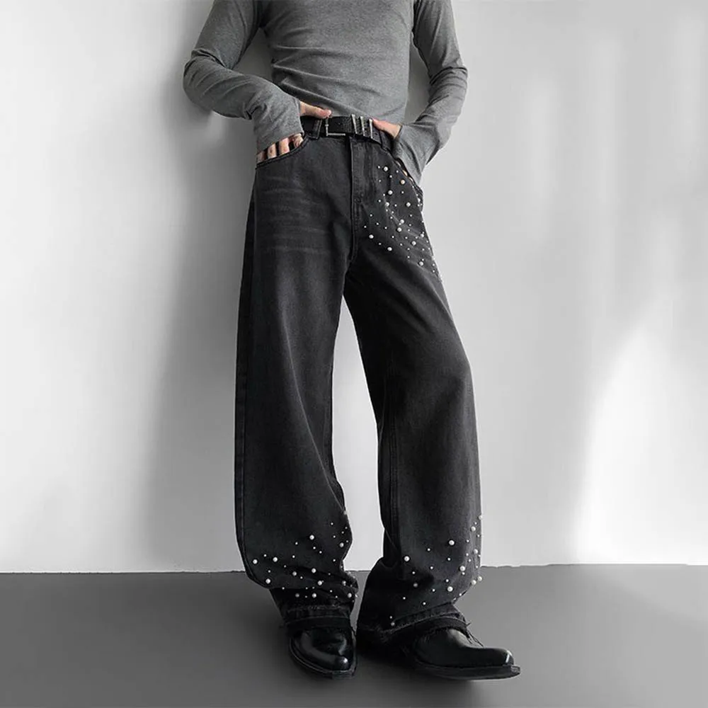 

Мужские однотонные прямые джинсовые брюки с жемчугом, американский ретро-модный тренд, свободные дышащие нишевые мужские брюки High Street