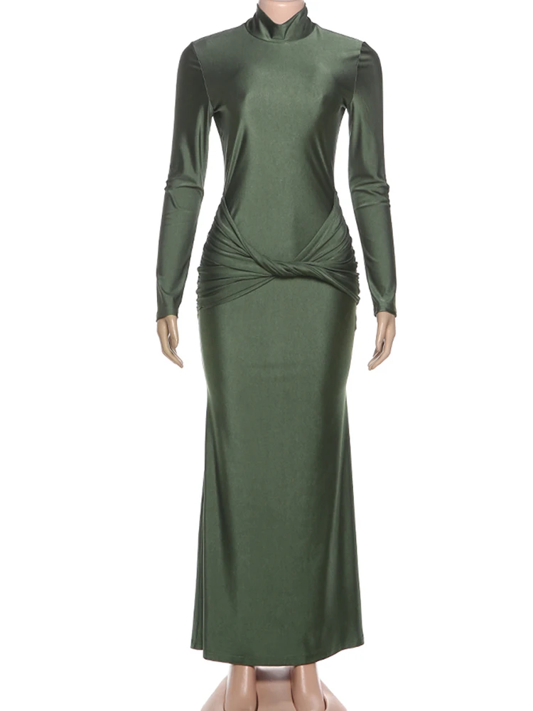 NibberTurtleneck Seide Satin Maxi Kleid Frau Volle Hülse Knick Taille Design Mitternacht Herbst Trend Prom Party Elegante Vestidos