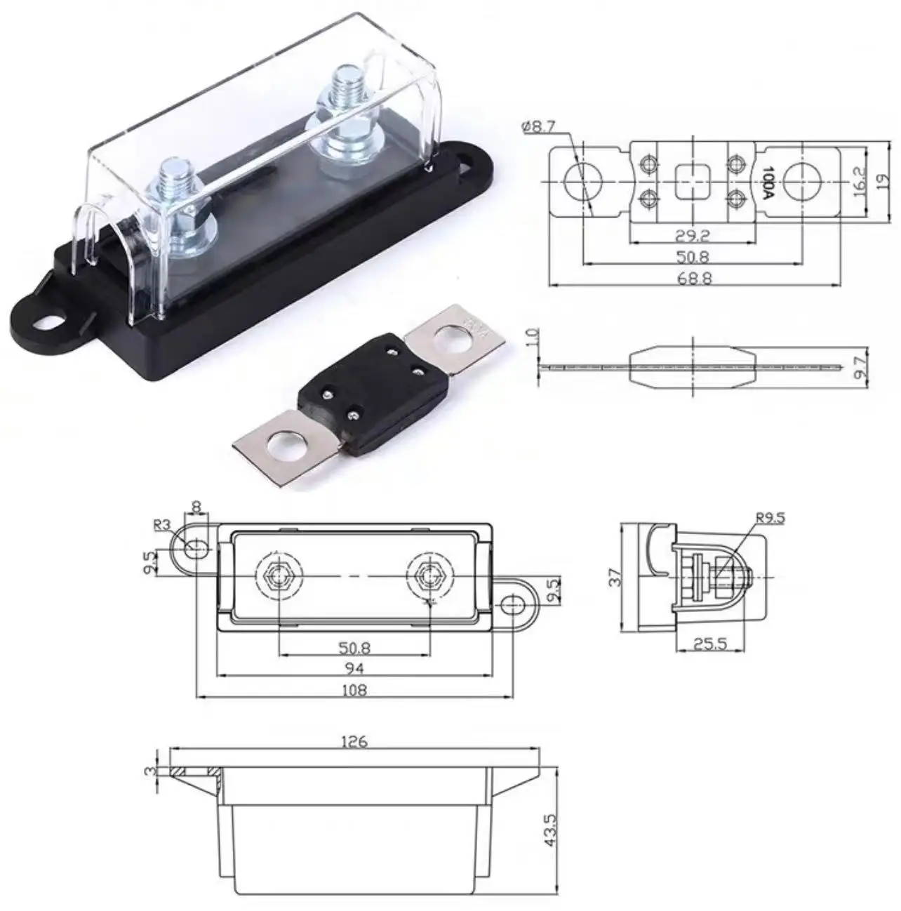 1 set Large Fork Bolt Automobile Fuse holder+ Fuse 30A 50A 80A100A250A-500A High Power ANM MEGA