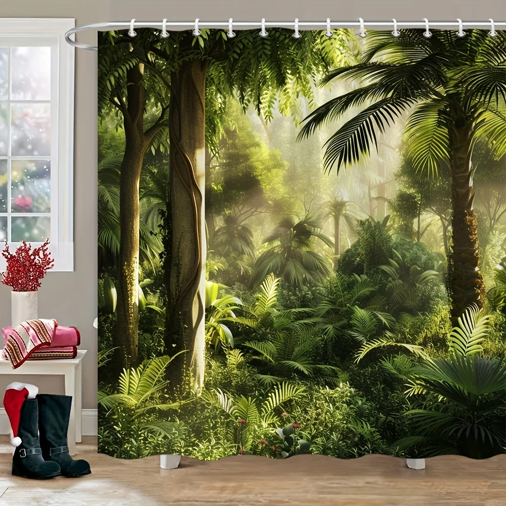 Cortina de ducha impermeable con un exuberante diseño de selva tropical para una experiencia de baño inspirada en la naturaleza inmersiva