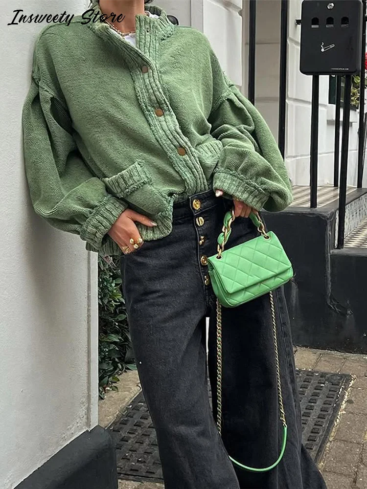 

Fashion Solid Knit Cardigan Women's Loose Long Sleeve Single Breasted Stand Collar Sweater 2025 Autumn New Lady Cozy Casual Wear