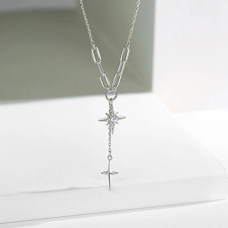 Korean Fashion Four-Pointed Star Necklace for Women Simple Clavicle Chain Zircon Tassel Cross Pendant Party Wedding Jewelry Gift