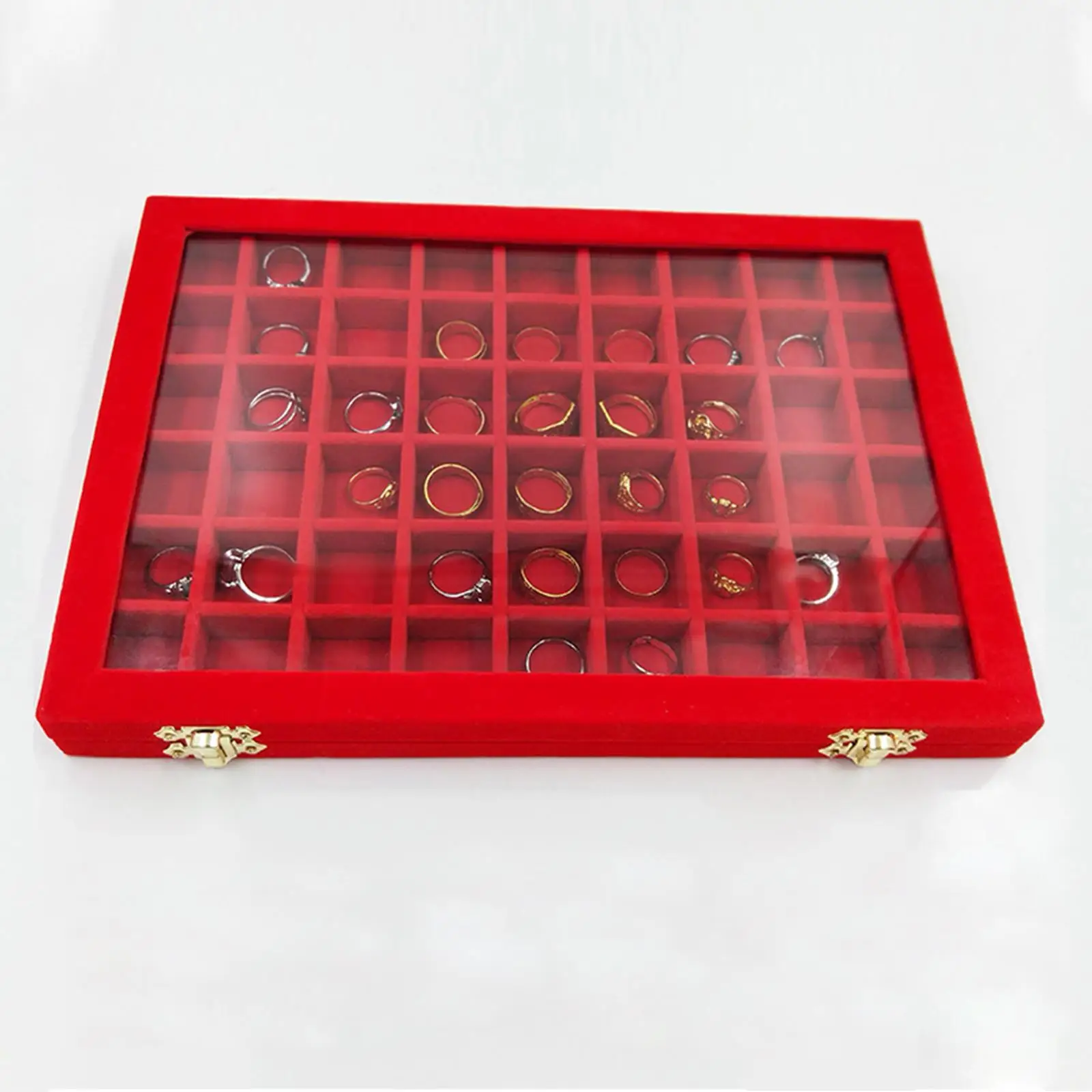 Velvet Ring Holder Box Jewelry Display Tray with Glass Lid Multi-section Organizer for Jewelry Accessories Storage