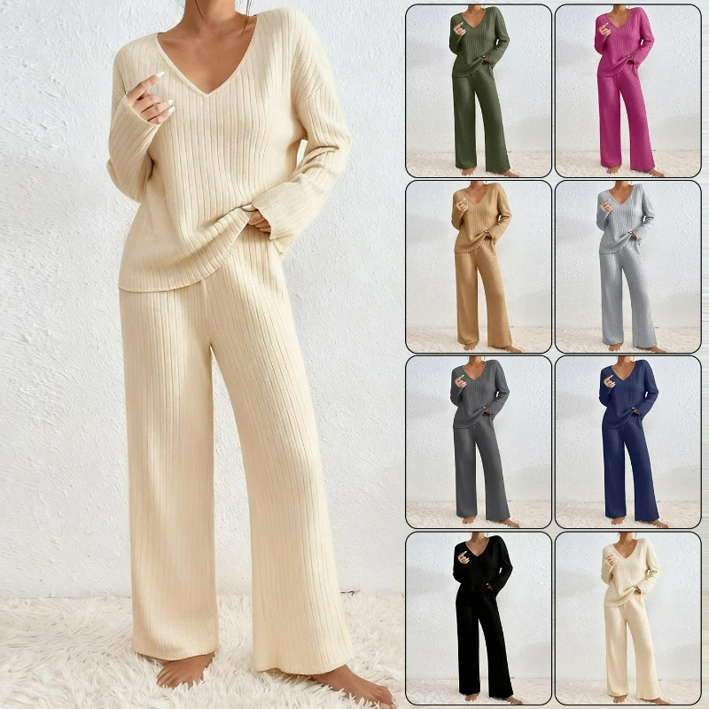 Pant Sets Knit Two Piece Set Full Sleeve Pullovers V Neck Sweaters Regular Long Pants Straight Solid Thick Casual Autumn Winter