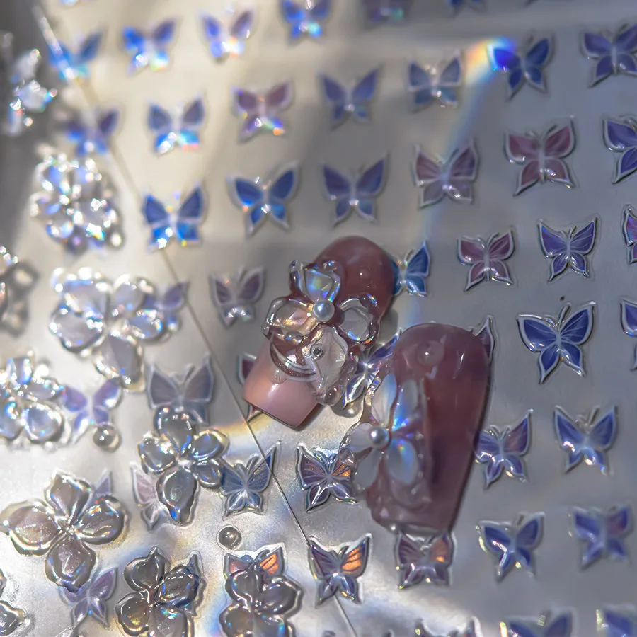

5D Jelly Nail Stickers Dreamy Flash Quatrefoil Flower Butterfly Nails Art Stickers Manicure Decoration Self Adhesive Embossed