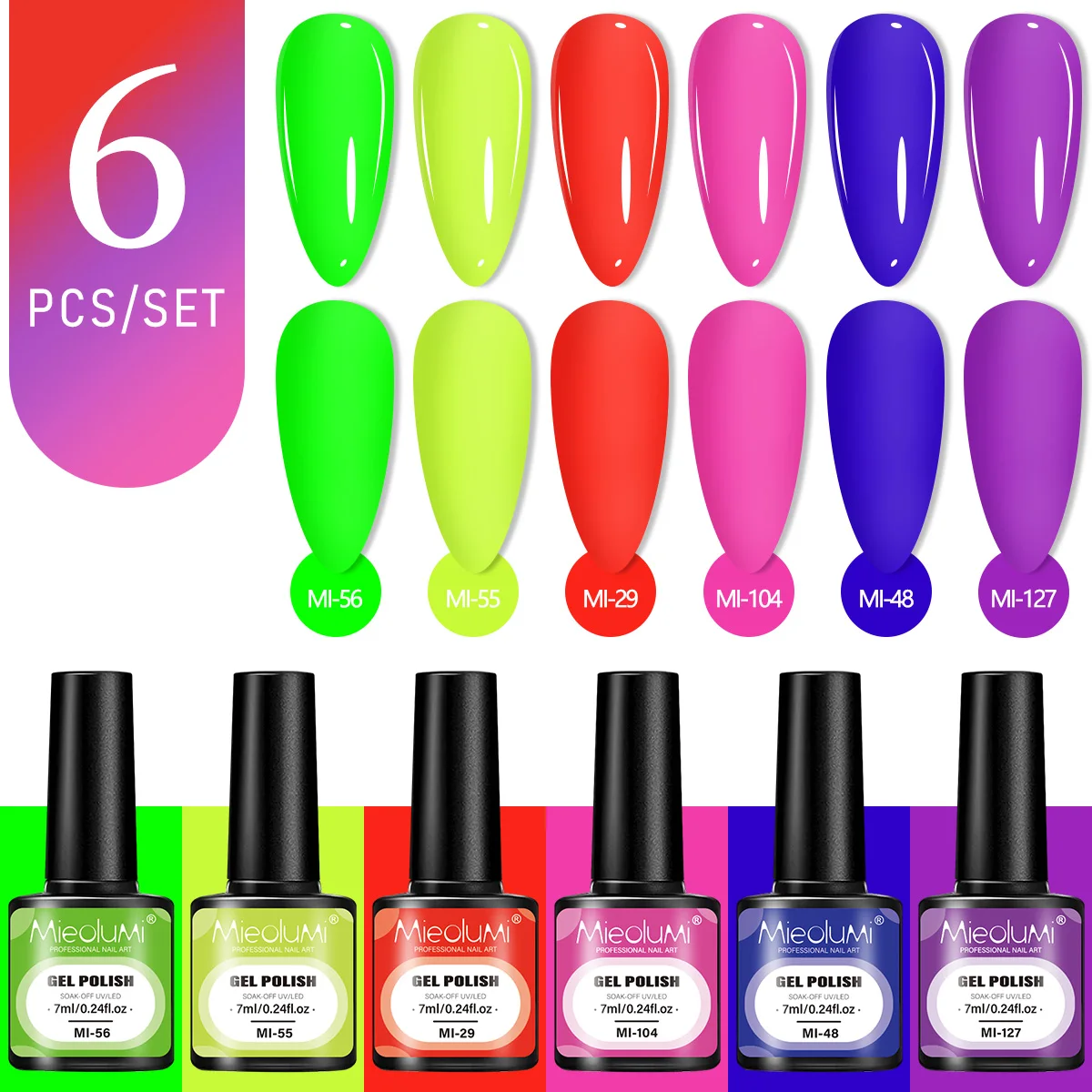 6PCS Multi-Color Gel Nail Set, Nude/Neon/Red/Green UV Nail Gel, 28+ Days Gloss Long Lasting, DIY Manicure Kit for Beginners