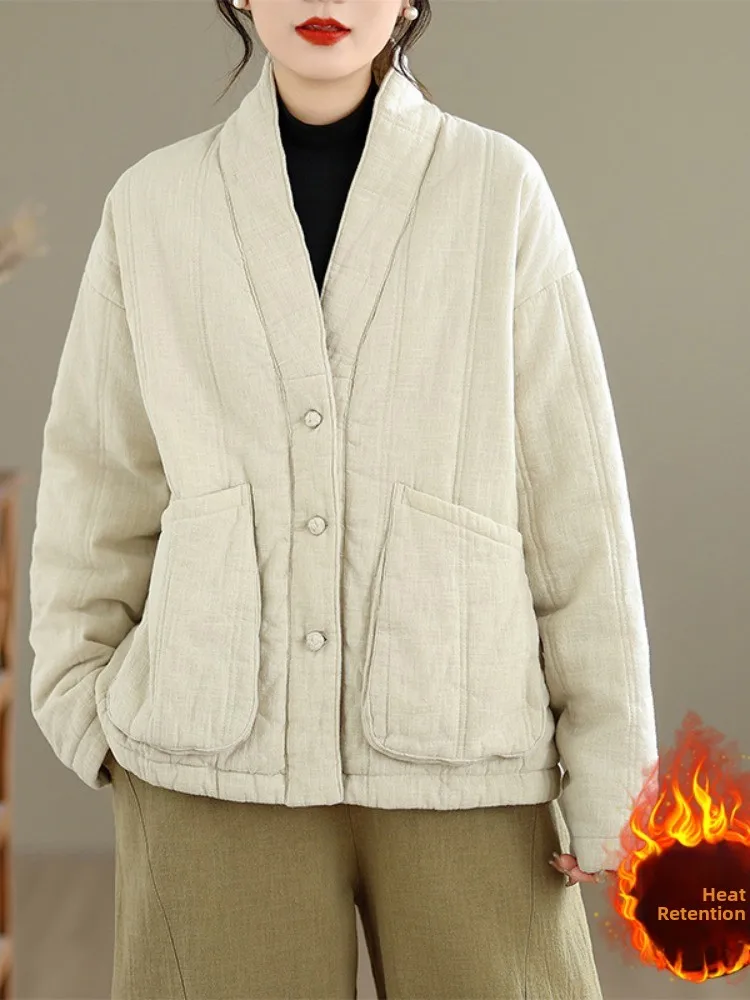 

Retro Sle Thiened Cotton Jaet V-Ne Button-Up Cotton Dr for Women Winter Zen Sle Color Cotton Coat