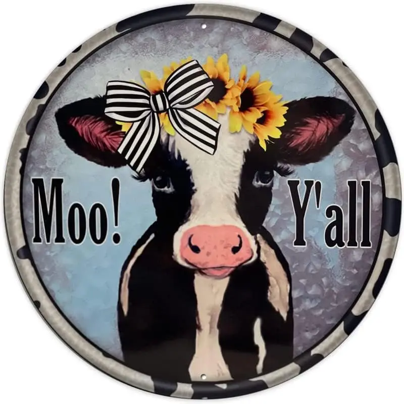 Shabby Durable Thick Cow Sign, Wreath Craft Round Metal Sign,Rustic Farmhouse Decor,Cow with Sunflowers,Vintage Wall Decor，Novel