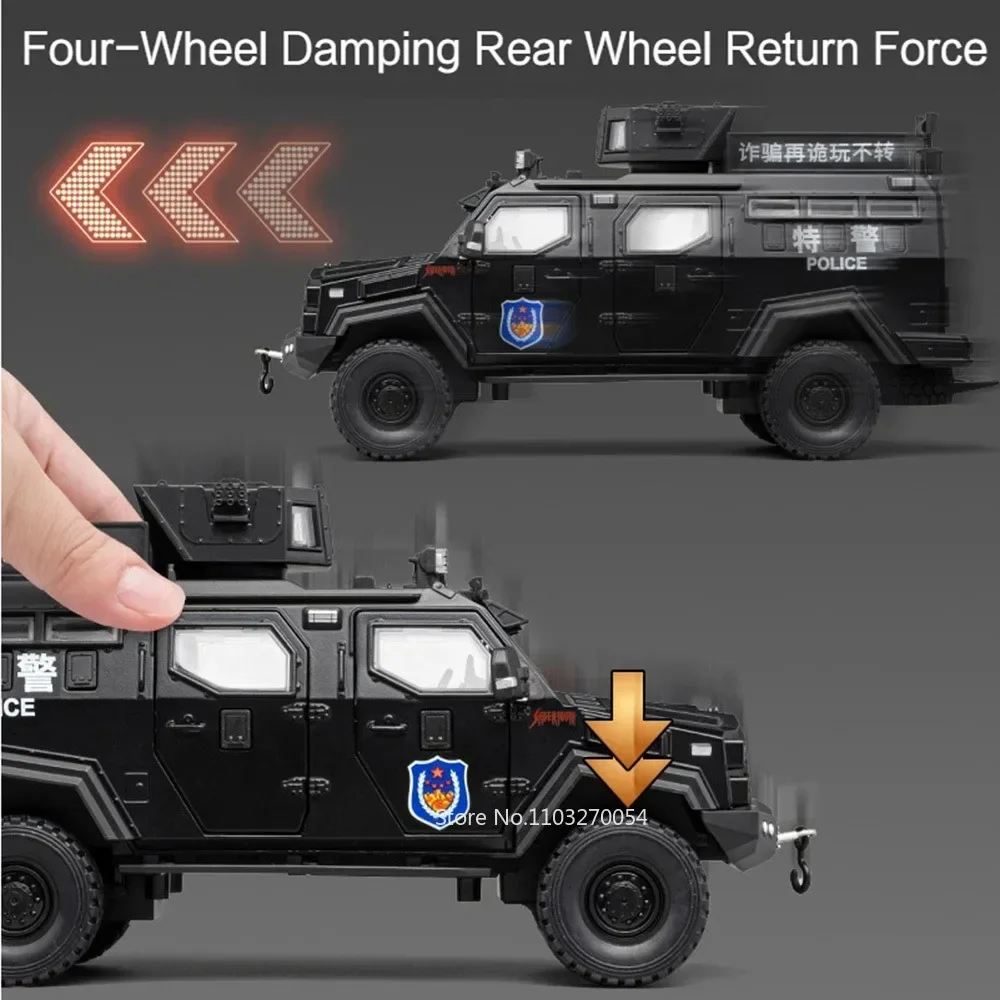 Coche de policía con dientes de espada para niños, modelo de juguete de aleación fundido a presión, vehículos a prueba de explosiones, puerta abierta, sonido, luz, juguetes para tirar hacia atrás, 1/24