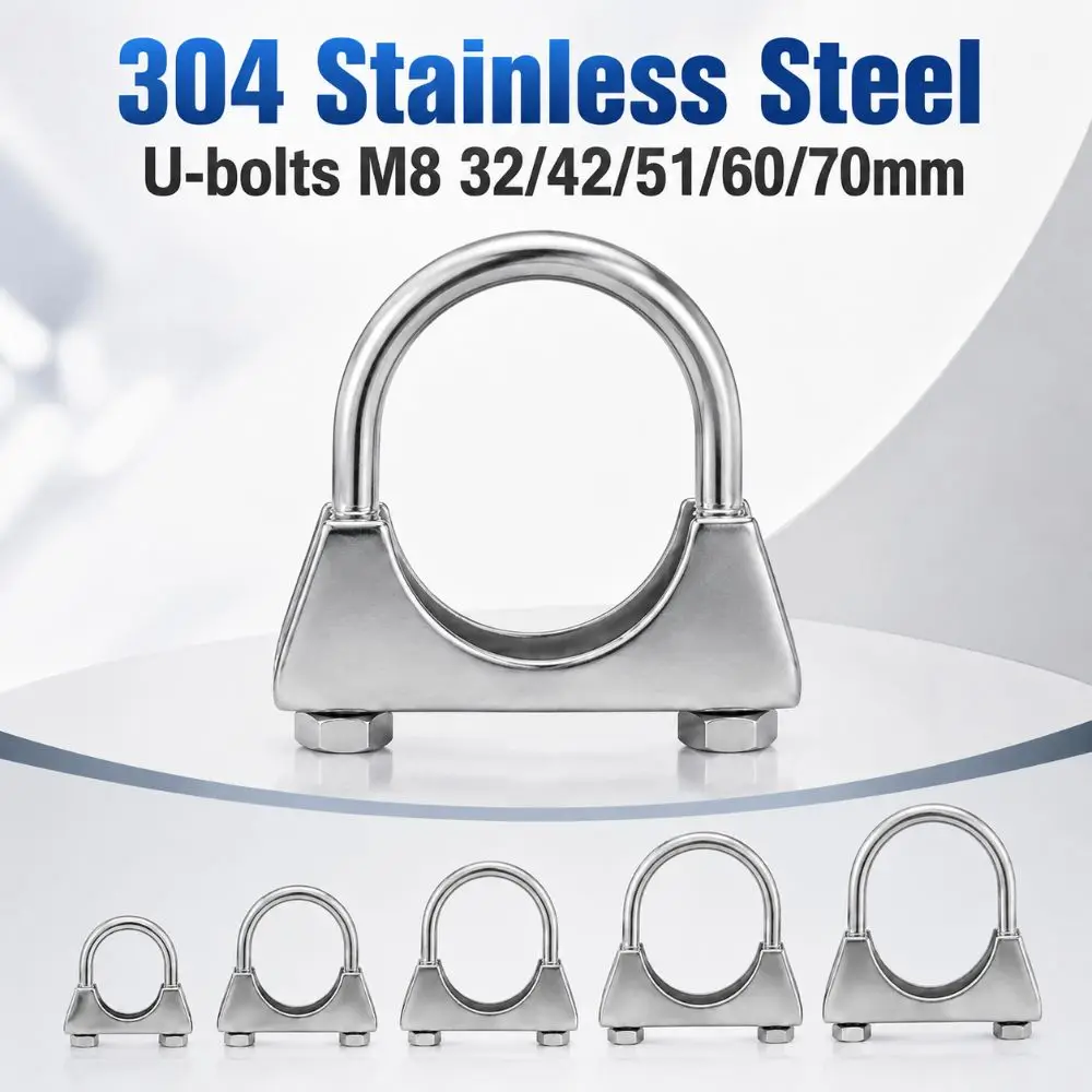304 Stainless Steel Round Tube Steel Pipe Fastener M8 32/42/51/60/70mm Heavy Duty U-bolts Sturdy Durable Clip-on Pipe Clamp