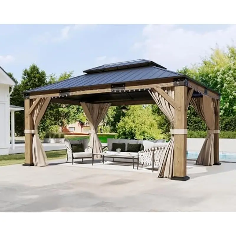 12x14FT Rectangular Wooden Hardtop Gazebo Featuring Dual-Layer Roof System UV-Resistant Waterproof Construction Integrated LED S