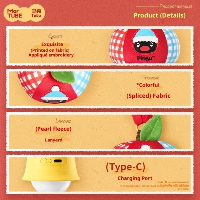 Martube Pingu Apple Luminous Mini Lamp - Anime Themed Christmas Decor Girls Toys Gifts Cosplay Collectible Atmosphere Lighting