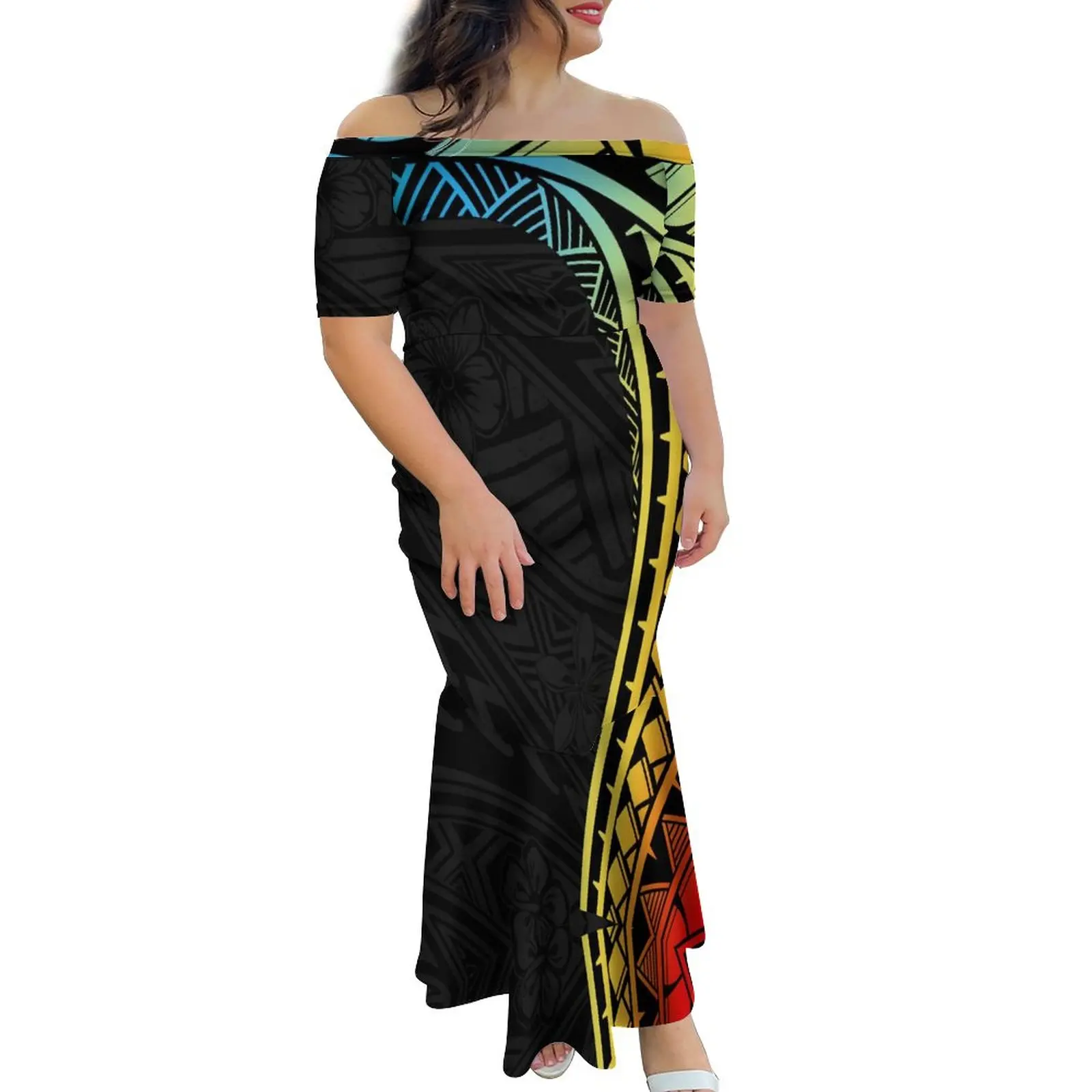 

Best Price Wholesale Polynesian Off Shoulder Fishtail Dress Hawaii Hibiscus Flower Printed Muumuu Women Dresses Mermaid Dresses