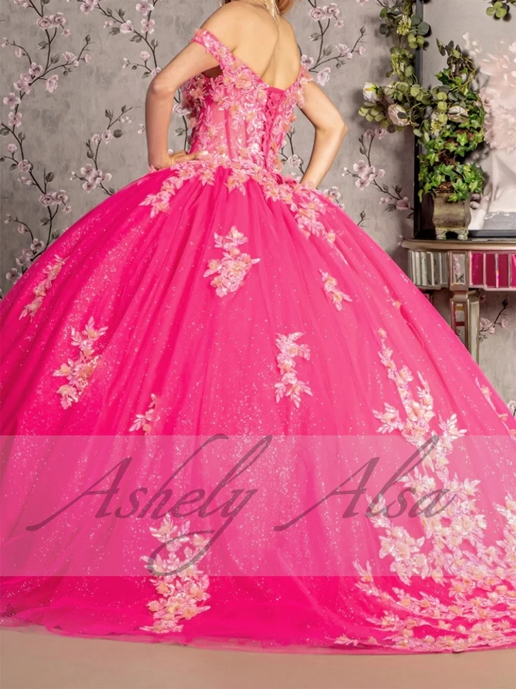 Customized Fuchsia Ball Gown Prom Dress Off Shoulder Floral Lace Up Puffy Vestsido De xv Anos Birthday Party Quinceanera 15