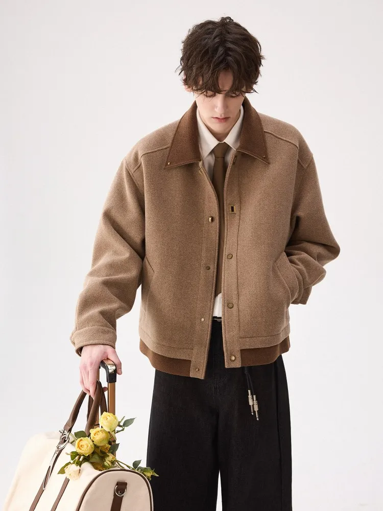 Mens Turn Down Collar Jacket Spliced Design Long Sleeve Winter Comfortable Single Breasted Outerwear Causal Fashion Males Coat