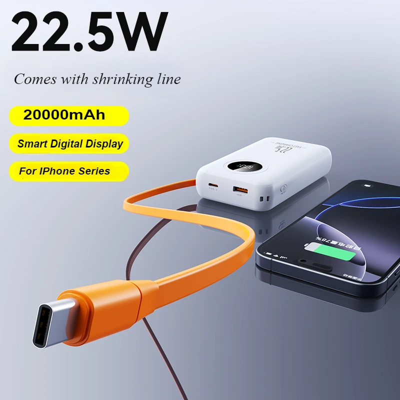 

22.5W Super Fast Charging Built-in Cable Power Bank 20000mAh Mini Large Capacity Portable Power Bank 2025