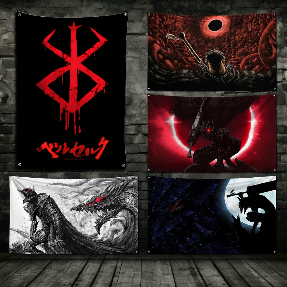 Bannière d'impression numérique en Polyester, drapeau Berserk, 3x5 pieds, pour Garage, Art mural, décoration de porte extérieure avec œillets en laiton