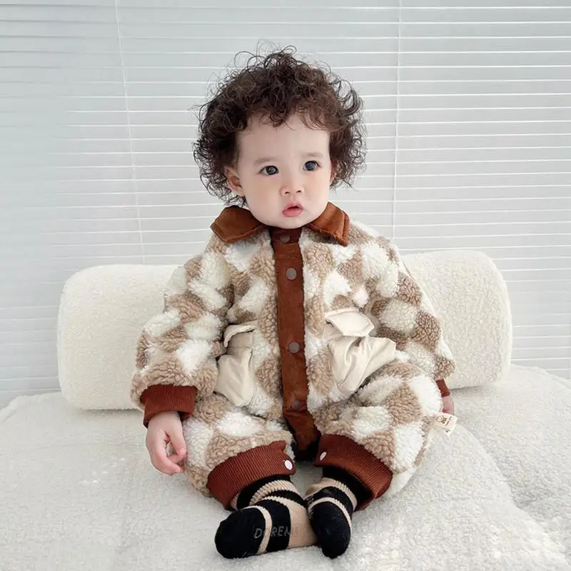 Baby Jumpsuit Fleece Baby Bunting Suit Checked With Double-breasted Design Infant Jumpsuit Elastic Belt Trouser Legs Bodysuits