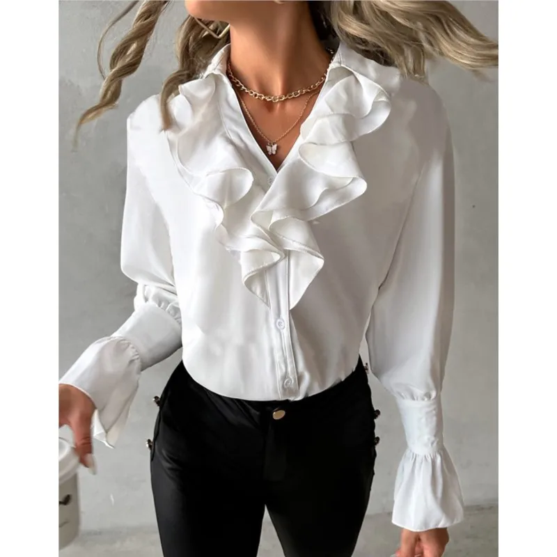 

Elegant Ruffles Women's Blouse Fashion Petal Sleeve V Neck Long Sleeve White Solid Shirt Casual Autumn Office Ladies Shirts Tops