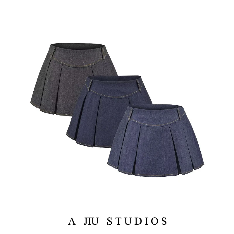 

Женская летняя универсальная джинсовая плиссированная мини-юбка А-силуэта с низкой талией, не просвечивающая, в американском стиле, для школьниц
