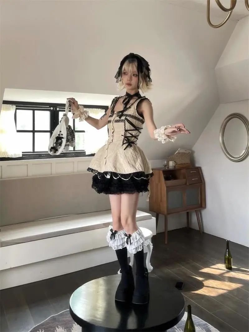 High Quality Y2k Aesthetics Lace Shirt Grunge Gothic Sleeveless Blouses Fairy Harajuku Bandage Shirt Vintage Lolita Goth