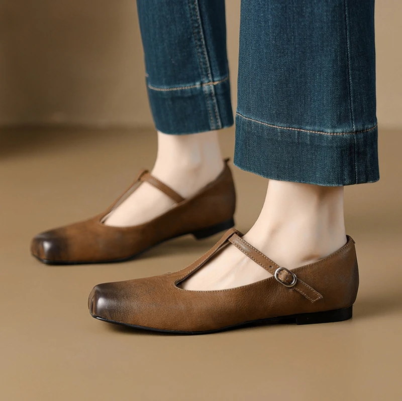 NEW Spring/Autumn Women Pumps Genuine Leather Shoes for Women Square Toe Low Heel Shoes Shallow Buckle Strap Mary Janes Shoes