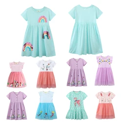 2025 Summer Baby Girls Short Sleeves Knitting Dress For 2-7Years Kids Cotton Lovely Embroidery Mesh Princess Dress Casual Dress
