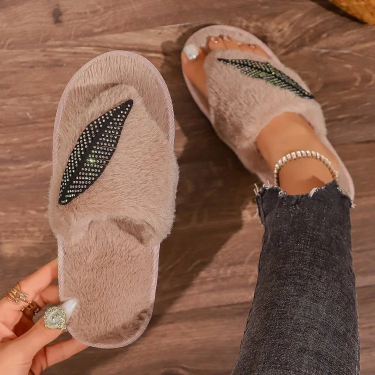 2027 women's new autumn and winter fur color blocked hair with open toe for women's home soft soled warm slippers
