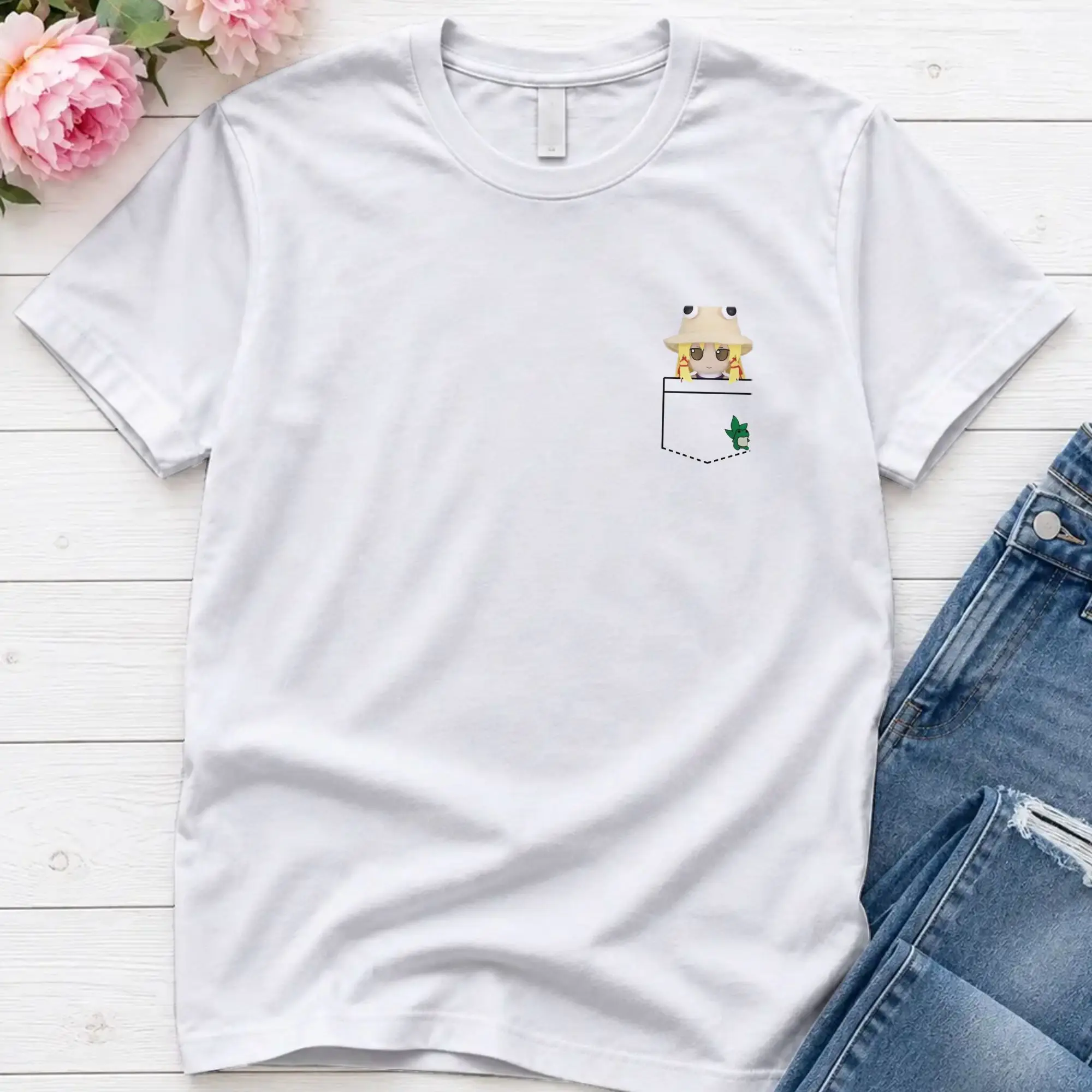 Crazy Suwako Pocket Fumo Touhou T-Shirts Men Crewneck 100% Cotton T Shirts Touhou Project Short Sleeve Tee Shirt Summer Clothing