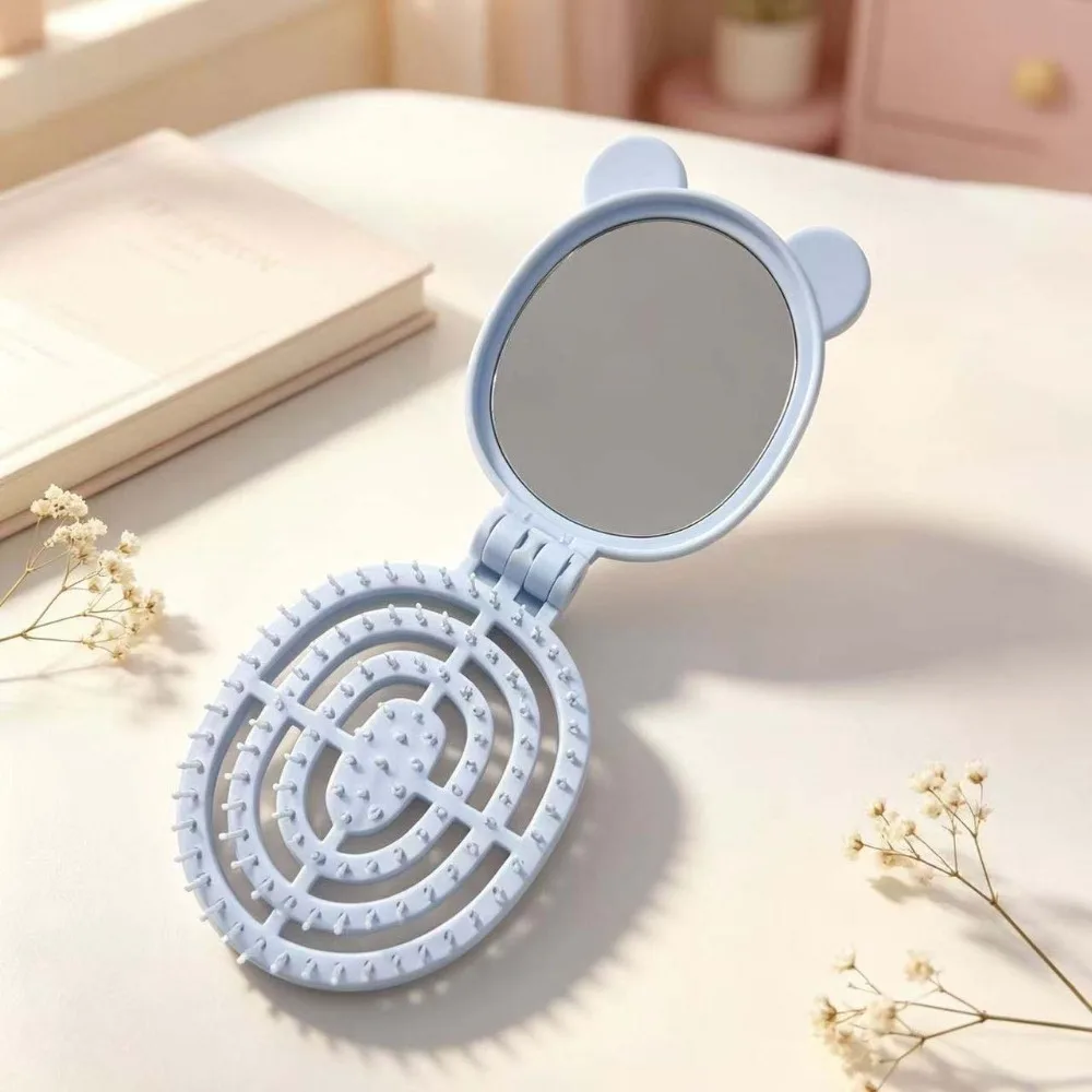 2-in-1 Folding Hair Brush with Mirror Portable Multi-Function Detangling Smoothing Hair Comb With Scalp Massager Pocket Size
