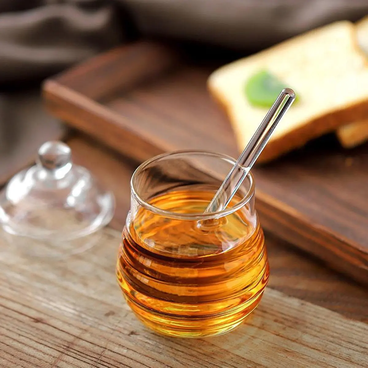 AA77 NEW 1Set High Borosilica Glass Honeycomb Tank Honey Storage Container with Dipper and Lid Honey Bottle for Home Party S