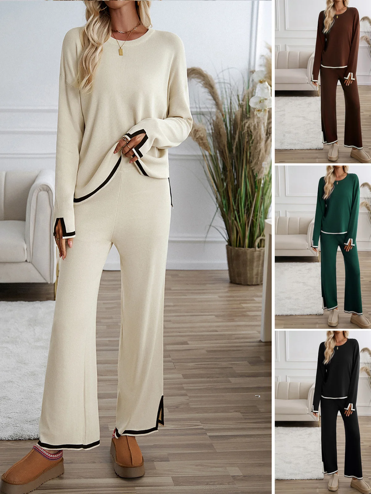 

Ele Casual Long Knitted Sweater Pants Women's Long Sve Nine Points Pants round Ne Two Pieces Set Chinese Brand