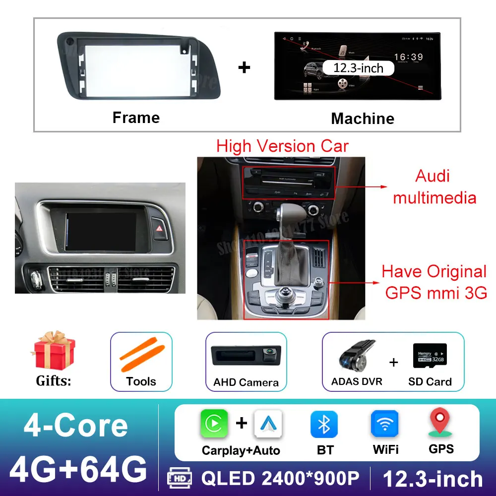 12,3 inch GPS Navigatie Draadloze Carplay Android 16 voor Audi Q5 2009 - 2017 BT Auto Multimedia Video Radiospeler 4G Auto Gereedschap