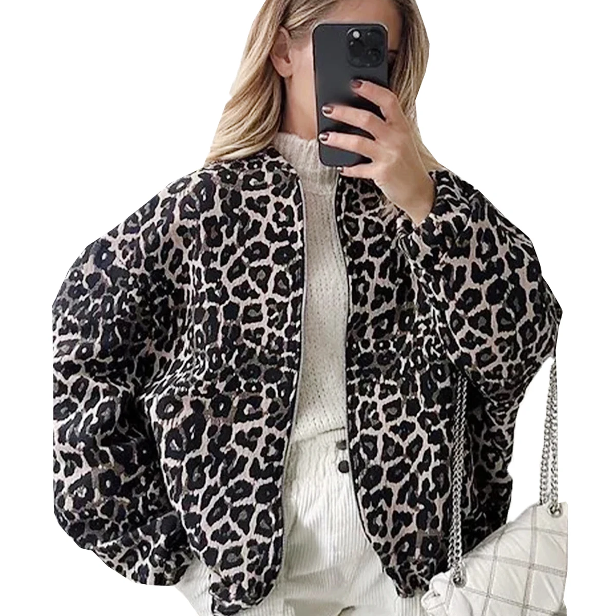 Retro Leopard Print O-neck Women Jacket Chic Zipper Pocket Long Sleeve Short Coats 2024 Autumn Winter Female Street Outerwear