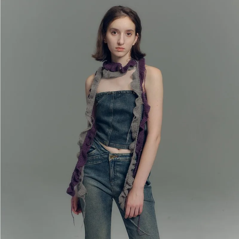 

Women'S Irregular Two-Color Woven Tassel Color Blocked Scarf With Three-Dimensional Spiral Ruffle Edge Women'S Fashionable Scarf